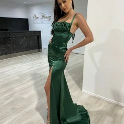 NEW ARRIVALS Honey Couture JENNA Emerald Green Silky Mermaid Gown