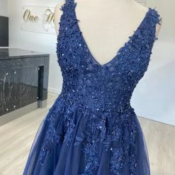 Honey Couture Made To Your Measurements NEW ARRIVALS Honey Couture TIHANA Deep V Front Beaded Tulle Skirt Formal Dress