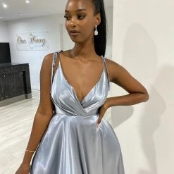 Honey Couture HUNTAR Dusty Blue Green Silky A Line Bridesmaid Formal Dress