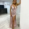 NEW ARRIVALS Honey Couture SASHA Pearl Blush Pink Satin Corset Leg Split Formal Dress