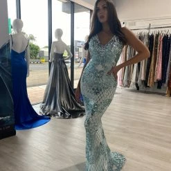 NEW ARRIVALS Honey Couture GRACIE Teal Silver White Sequin Low Back Mermaid Formal Dress