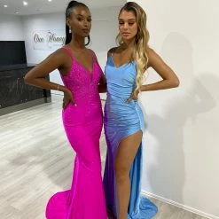 NEW ARRIVALS Honey Couture ZURI Dusty Blue Corset Ruched Formal Gown Dress