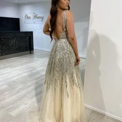 Honey Couture VIANNE Champagne Gold Glitter Tulle Formal Dress