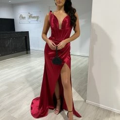 Honey Couture Made To Order Honey Couture SASHA Burgundy Satin Corset Leg Split Formal Dress