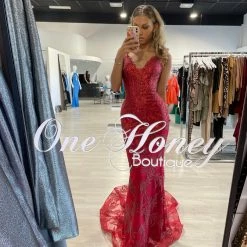 Tina Holly Couture Made To Order NEW ARRIVALS Tina Holly Couture BB001 Red Sequin Lace Back Mermaid Formal Dress