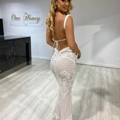 Honey Couture CAITLIN White & Nude Open Lace Up Back Formal Dress NEW ARRIVALS