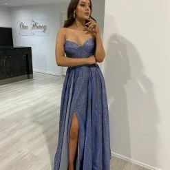 Honey Couture Made To Your Measurements NEW ARRIVALS Honey Couture DORIT Strapless Bustier Glitter Fabric Formal Dress