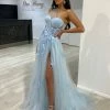 Honey Couture LUCIA Baby Blue Sheer Bustier Corset Tulle Formal Gown
