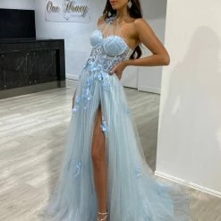 Honey Couture LUCIA Baby Blue Sheer Bustier Corset Tulle Formal Gown