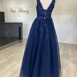 Honey Couture Made To Your Measurements NEW ARRIVALS Honey Couture TIHANA Deep V Front Beaded Tulle Skirt Formal Dress