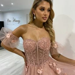 Honey Couture BLOOM Blush Pink Bustier Lace Applique Tulle Formal Dress