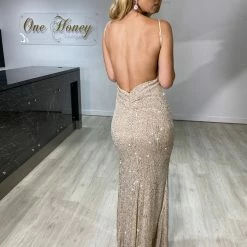 Honey Couture KAIA Champagne Gold Sequin Bum Ruching Low Back Dress NEW ARRIVALS