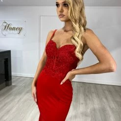 NEW ARRIVALS Honey Couture CALLIE Red Lace Bustier Corset Style Formal Dress