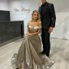 Honey Couture DORA Bronze Metallic Shimmer Off Shoulder Formal Gown NEW ARRIVALS