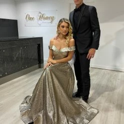 Honey Couture DORA Bronze Metallic Shimmer Off Shoulder Formal Gown NEW ARRIVALS