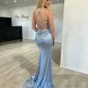 NEW ARRIVALS Honey Couture JALI Dusty Blue Lace Back Silky Bum Ruching Formal Dress