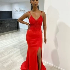 NEW ARRIVALS Honey Couture MIREN Red Lace Applique Mermaid Formal Dress