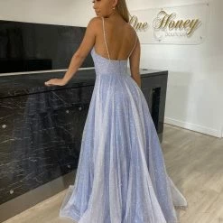 Honey Couture LIVIA Baby Blue Silver Glitter Ball Gown Formal Dress