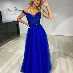 NEW ARRIVALS Honey Couture ISIDORE Blue Beaded Off Shoulder Tulle Skirt Formal Dress