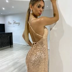 NEW ARRIVALS Honey Couture DEVINA Gold Sequin Corset Lace Up Formal Dress