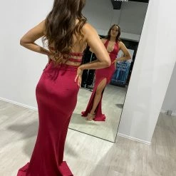 NEW ARRIVALS Honey Couture LEYA Burgundy Plunge Front Halter Formal Dress