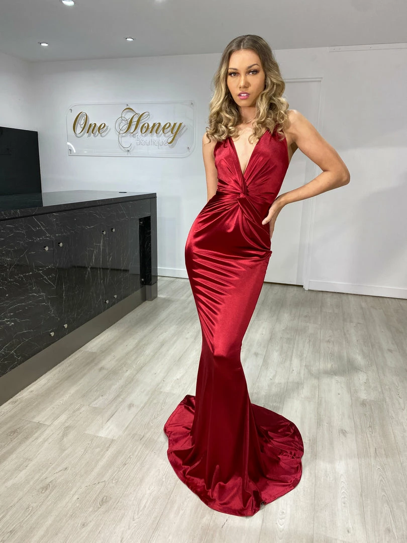 Honey Couture JUSTICE Burgundy Open Back Mermaid Evening Gown Dress 3 Honey Couture JUSTICE Burgundy Open Back Mermaid Evening Gown Dress