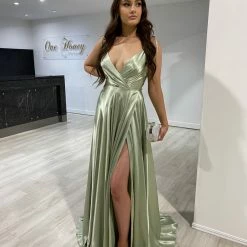 Honey Couture HUNTAR Sage Green Silky A Line Bridesmaid Formal Dress