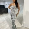 Honey Couture CIENNA White Silver & Black Lace Up Mermaid Formal Dress