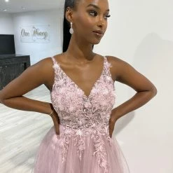 Honey Couture DEMIKA Blush Pink 3D Flowers Tulle Formal Gown Dress NEW ARRIVALS