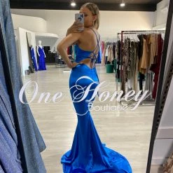 Honey Couture JUSTICE Blue Open Back Mermaid Evening Gown Dress NEW ARRIVALS