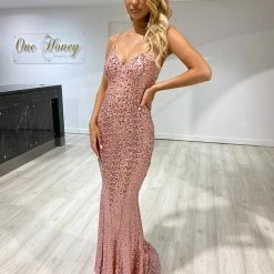 One Honey Boutique The NIKEETA Pink Sequin Corset Back Mermaid Formal Gown NEW ARRIVALS