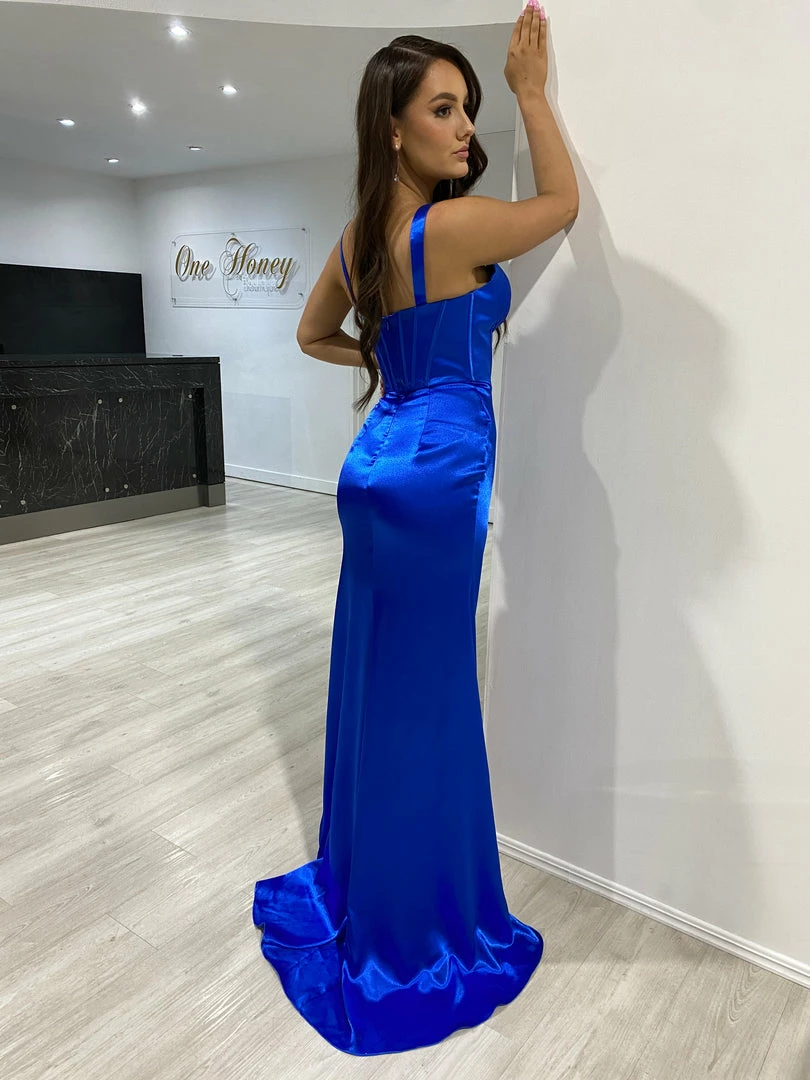 NEW ARRIVALS Honey Couture SASHA Royal Blue Satin Corset Leg Split Formal Dress 8 NEW ARRIVALS Honey Couture SASHA Royal Blue Satin Corset Leg Split Formal Dress