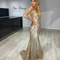 Honey Couture CAROLE Gold Mist Sequin Corset Mermaid Formal Gown Dress NEW ARRIVALS