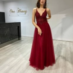 NEW ARRIVALS Honey Couture TEZ Burgundy Tulle Lace Bodice Gown Formal Dress