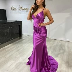 Honey Couture COCO Orchid Purple Low Back Bum Ruching Mermaid Formal Dress