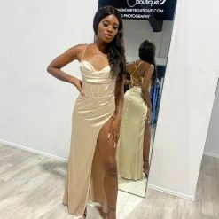 Honey Couture ZENDAYA Champagne Satin Corset Bustier Leg Split Formal Dress NEW ARRIVALS