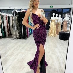 Honey Couture KAYTUM Dark Purple Sequin Mermaid Evening Gown Dress
