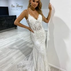 Honey Couture VALENTINA Off White Sequin Corset Mermaid Formal Gown Dress