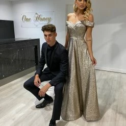 Honey Couture DORA Bronze Metallic Shimmer Off Shoulder Formal Gown NEW ARRIVALS