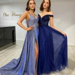 Honey Couture ISIDORE Navy Blue Beaded Off Shoulder Tulle Skirt Formal Dress NEW ARRIVALS