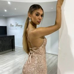 NEW ARRIVALS Honey Couture CELESTE Rose Gold Diamante Strap Sequin Lace Up Formal Dress