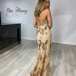One Honey Boutique Honey Couture ZALI Nude & Gold Sequin Formal Gown NEW ARRIVALS