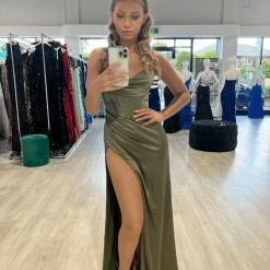 NEW ARRIVALS Honey Couture ZENDAYA Olive Green Satin Corset Bustier Leg Split Formal Dress