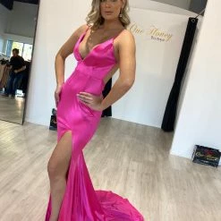 NEW ARRIVALS Honey Couture MILEE Hot Pink Low Back Mermaid Evening Gown Dress W Leg Split