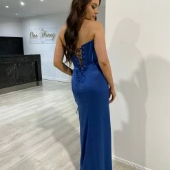 NEW ARRIVALS Honey Couture TYRA Soft Navy Blue Corset Bustier Leg Split Formal Dress