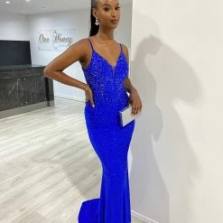NEW ARRIVALS Honey Couture MARISE Royal Blue Diamante Feature Mermaid Formal Dress