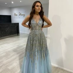 NEW ARRIVALS Honey Couture VIANNE Light Baby Blue Glitter Tulle Formal Dress