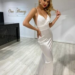 Honey Couture RIKKI White Open Lace Up Back Formal Dress