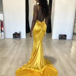 Honey Couture MILEE Yellow Low Back Mermaid Evening Gown Dress W Leg Split NEW ARRIVALS