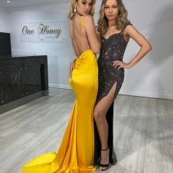 Honey Couture ISHANI Black Multi Colour Sequin Gemstone Mesh Formal Gown Dress NEW ARRIVALS